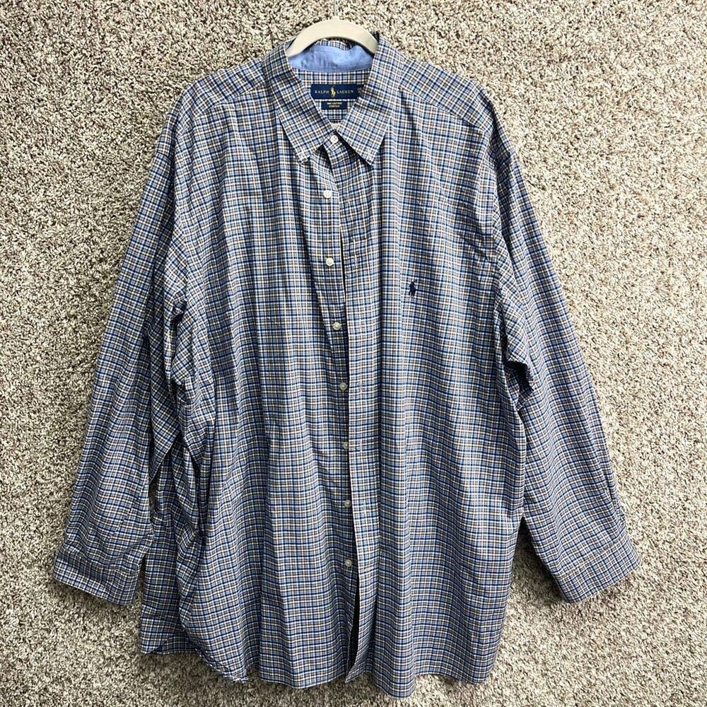 Ralph Lauren Shirt Men’s 3XB Stretch Blue‎ & Brown Plaid Long Sleeve Button Down